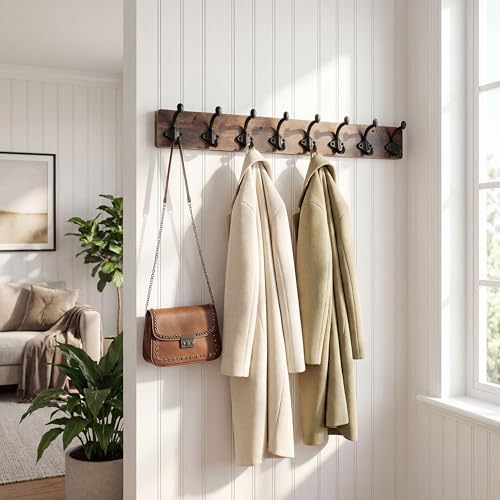 WEBI Rustic Coat Rack Wall Mount,35.43" Long 8 Cast Iron Coat Hooks Wall Mounted,Heavy Duty Farmhouse Wood Coat Hanger Wall Antique Vintage Hooks for Hanging Jacket,Clothes,Backpack,Rustic Brown - Image 2