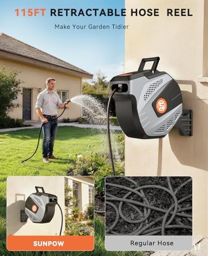 SUNPOW Retractable Garden Hose Reel - 1/2 inch x 115ft Heavy Duty Wall Mounted Hose Reel with 3/4 inch Brass Fitting & 10 Sprayer Nozzle - Any Length Lock, Auto Rewind System, 180°Swivel Bracket- Grey - Image 2