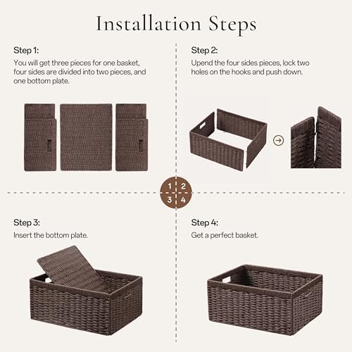UBBCARE 4 Pack Wicker Basket, 13.4L×8.3H×7.1W inch Woven Paper Rope Storage Baskets for Shelves, Foldable Rectangular Storage Baskets with Handle, Storage Basket for Organizing, Dark Brown - Image 2