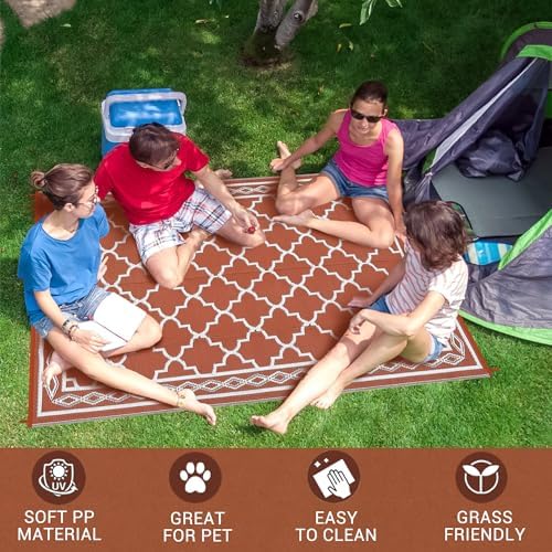 Outdoor Rug 9x12 Reversible Patio Rugs Outdoor Plastic Straw Rug Vintage Trellis Rugs Waterproof for Deck RV Outside Carpet for Patio Backyard Picnic Camp Beach Balcony Orange - Image 3