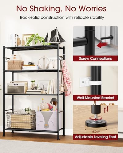 Sakugi 4-Tier Storage Shelves with 6 Hooks, 33.2" x 12.7" x 57.3", Black - Image 6