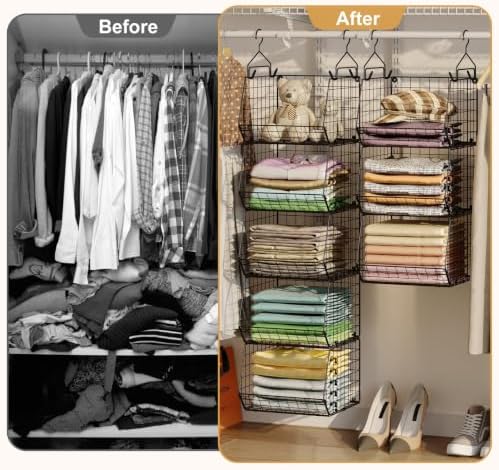 6 Tier Closet Hanging Organizer, Clothes Hanging Shelves with 4 Hanging Hooks 5 S Hooks, Wire Storage Basket Bins, for Clothing Sweaters Shoes Handbags Clutches Accessories Patent Design-Black - Image 7