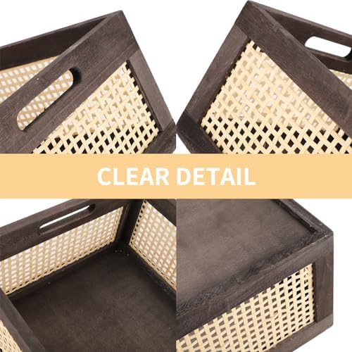 Rattan Wooden Storage Basket with Handle, Brown Set of 2 - Image 3