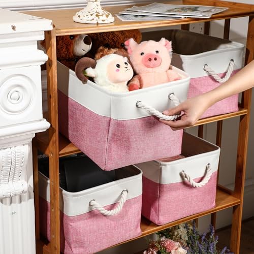 meekoo 8 Pack Fabric Storage Bins Baskets, 15 x 11 x 9.5 in, Pink White - Image 2