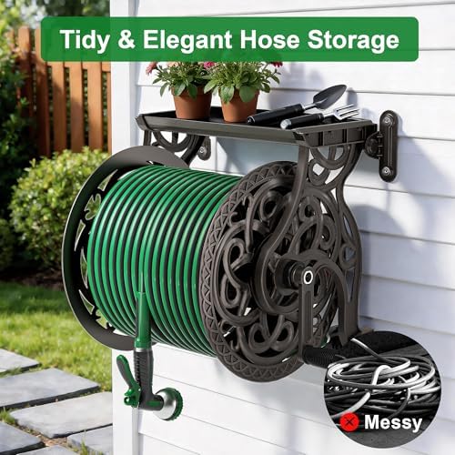 Garden Hose Reel Wall Mount Metal, Holds 125 ft x 5/8" Decorative Water Hose Holder for Outside Storage, Heavy Duty Aluminum Frame w/Shelf, No-Leak Aluminum Water System, Easy Assmbly, Dark Bronze - Image 4