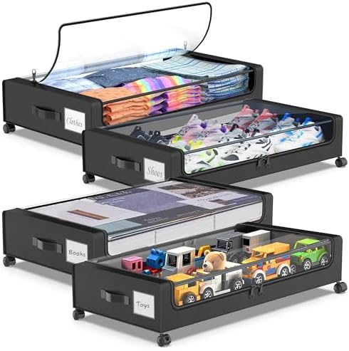 Molutsody Under Bed Storage with Wheels, 4-Pack Underbed Storage Containers with Clear Lids, Under Bed Shoe Storage Organizer, Rolling Under Bed Storage for Clothes Shoes Blankets (Black) by Molutsody