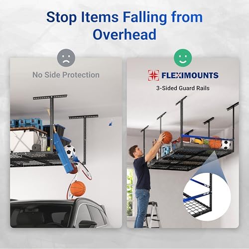 FLEXIMOUNTS 4x8ft Overhead Garage Storage Rack with Safety Rails, Black - Image 3