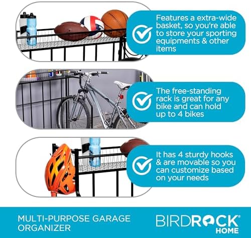 BIRDROCK HOME Bike Rack Garage Storage Floor Stand - Freestanding Organizer for Outdoor Yard - Upright Wall Mount for Scooters, Rakes, Motorcycles, Hoverboards, Gloves - Holds 4 Bicycle - Black - Image 5