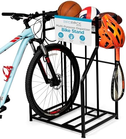 BIRDROCK HOME Bike Rack Garage Storage Floor Stand - Freestanding Organizer for Outdoor Yard - Upright Wall Mount for Scooters, Rakes, Motorcycles, Hoverboards, Gloves - Holds 2 Bicycle - Black by BIRDROCKHOME