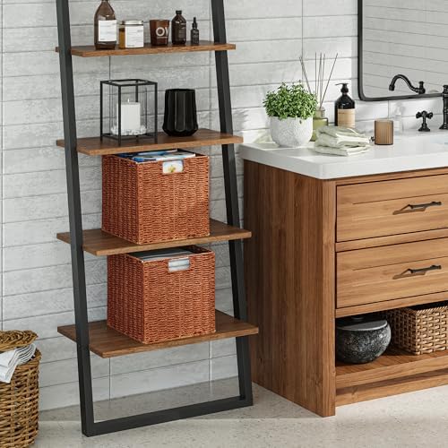Vagusicc Wicker Storage Basket, Set of 2 Hand-Woven Paper Rope Wicker Baskets, Foldable Cube Storage Bins, 11 inch Storage Basket, Square Baskets for Organizing Shelves & Decor, Orange (11″×11″×11″) - Image 5