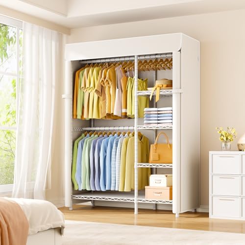 ULIFHOME F2C Clothes Rack with Cover, White Closet with Beige Cover - Image 2