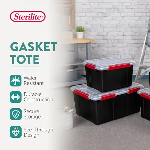 Sterilite 8 Pack Gasket Box, Stackable Plastic 8.5 Gallon Storage Container with Lids, Black - Waterproof and Dustproof Tote for Home Organization - Image 2