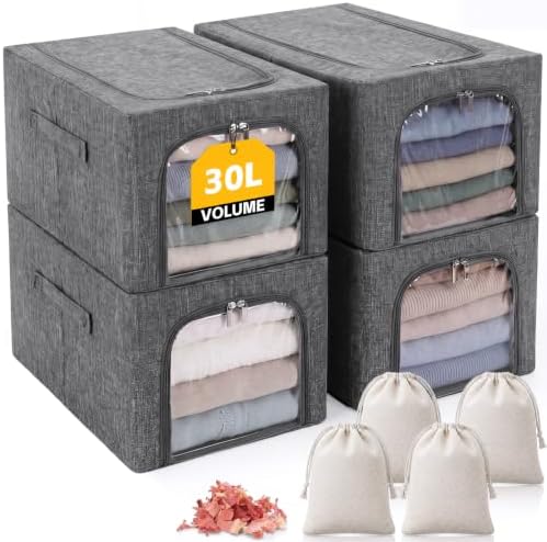 Lewtemi 30L 4 Pack Clothing Storage Bags with Cedar Sachets, Large Sweater Organizer, Breathable Fabric Containers for Clothes, Bedding & Blankets, Closet & Under Bed Storage (Gray,Classic) by Lewtemi