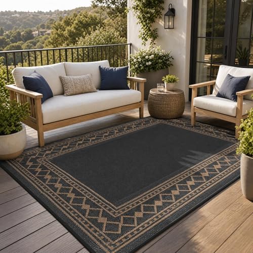 GlowSol 9x12 Outdoor Patio Rug Waterproof Reversible Camping Rug, Lightweight RV Mat for Backyard Deck Porch Balcony Garden Beach Picnic, Stain Resistant Outdoor Area Rug for Home Decor, Black/Brown by GLOWSOL
