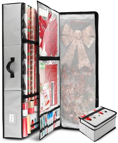 Hearth & Harbor Wrapping Paper Storage Container - Christmas Storage Bag with Ribbon Dispenser and Interior Pockets - Gift Wrap Organizer Fits Up to 26 Rolls of 40" Length, Silver - Image 5