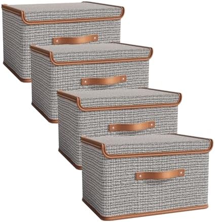 Tuza 4 Pack Storage Bins with Lids, Collapsible Closet Organizer Container, Fabric Organizer Box with Handles, Decorative Storage Boxes with Lids for Organizing Clothes, Books, Light Grey, Large by LOVEWHEREYOULIVE