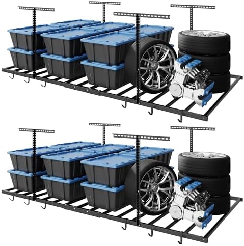 FLEXIMOUNTS 4x8 Overhead Garage Storage Rack with 6 Hooks, 2 Pack, Black by FLEXIMOUNTS