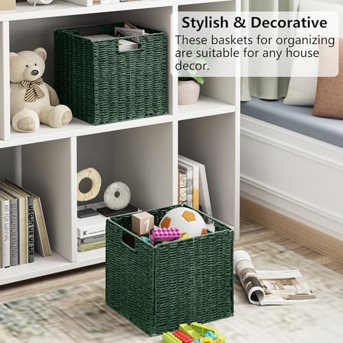 Vagusicc Wicker Storage Basket, Set of 2 Hand-Woven Paper Rope Wicker Baskets, Foldable Cube Storage Bins, Square Storage Baskets for Organizing Shelves & Decor, Green (11″×11″×11″) - Image 4