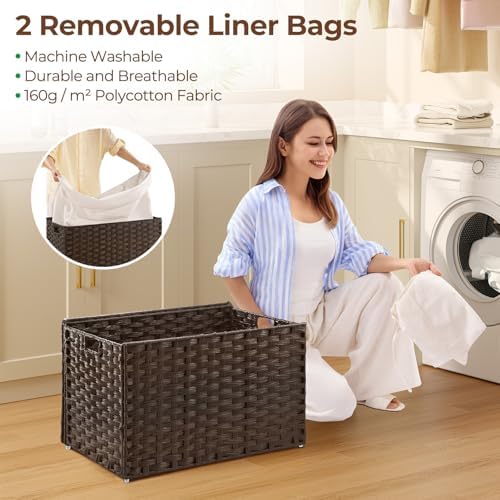 GREENSTELL Storage Basket with Lid, 27.7 Gallon(105L) Lagre Wicker Blanket Storage Basket with Handles, Foldable, 2 Removable Liner Bags, Metal Frame, for Bedroom, Laundry Room, Brown - Image 5