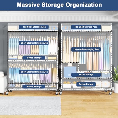 ULIFHOME P8C Max Heavy Duty Clothes Rack（With Extended Width Design） Rolling Clothing Racks for Hanging Clothes with Lockable Wheels，51.2" W x 15.8" D x 80.5" H，Load 800LBS，Black Rack with Grey Cover - Image 3