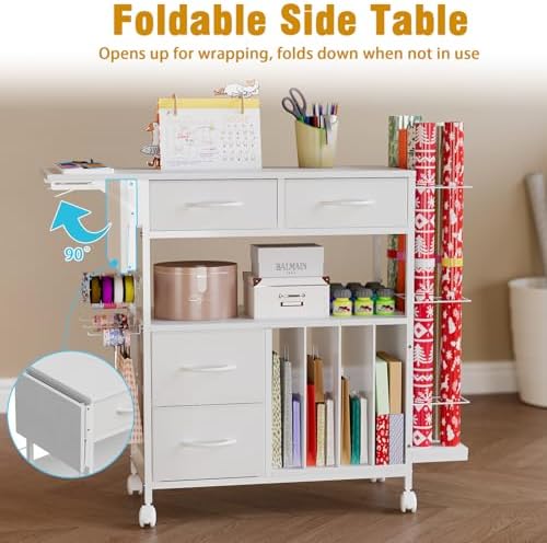 Wrapping Paper Storage Cart with Foldable Table, 3 Tier Gift Wrap Organizer - Image 4
