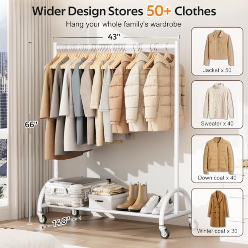 MISSLO Heavy Duty Clothing Rack with Wheels Rolling Clothes Racks for Hanging Clothes, Coats, Garment, Dress, White - Image 3