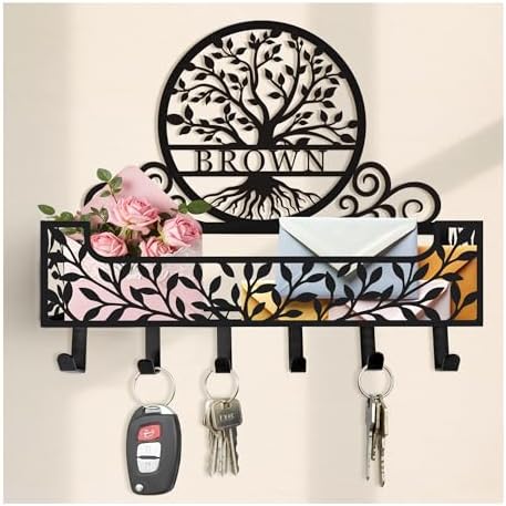 Personalized Metal Tree of Life Family Name Key and Mail Holder, Wall Mount Entryway Organizer with Hooks, Custom Key Rack for Kitchen, Bathroom, and Home Storage by custommetalsign