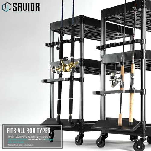 Savior Equipment Mobile Tackle Station Pro 16 Fishing Rod Holder Cart w/Wheels, Adjustable Rack For Different Rod & Reel, 3-Level Fishing Gear Storage Pole Organizer For Garage Home Indoor Use, Black - Image 3