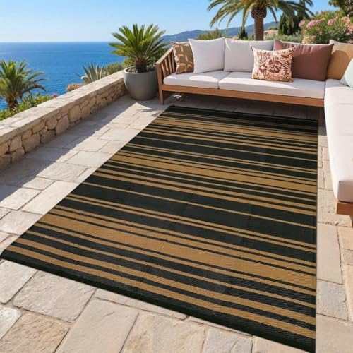 GAOMON 8x10 Modern Lines Reversible Outdoor Rug Waterproof Geometric Striped Plastic Straw Outdoor Rug UV-Resistant Portable Outdoor Large Carpet Mat for Camping Patio Balcony Picnic Black Brown by GAOMON