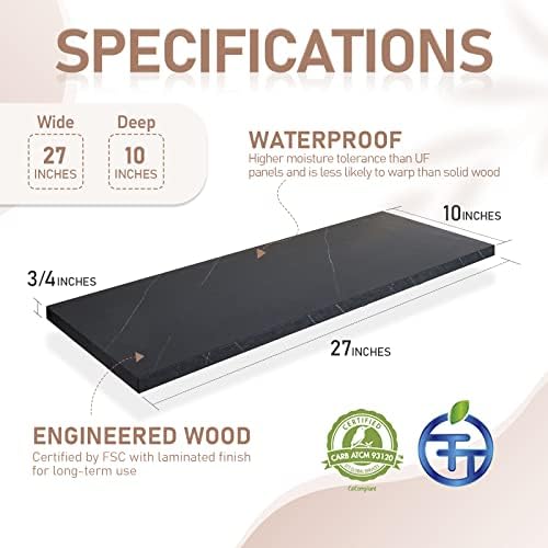 Kaboon 27 inch Long 10 inch Deep Floating Shelves for Wall Set of 2, Large Open Shelves Wall Mounted, Space Saving Home and Commercial Use, Cloud Atlas/Black Marble - Image 3