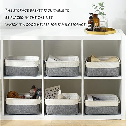 TcaFmac Small Storage Baskets for Shelf 6 Pack Canvas Storage Basket with Handles Fabric Storage Basket for Organizing Storage Bin (White and Grey, 12x8x5") - Image 3