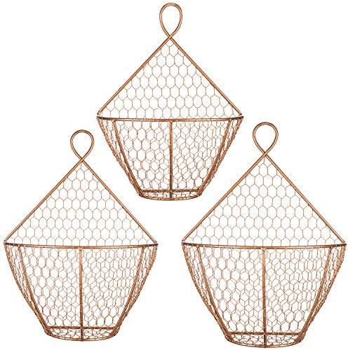 MyGift Set of 3, Farmhouse Copper Metal Wire Mesh Wall Hanging Baskets, Wall-Mounted Storage Basket, Decorative Kitchen Fruit Wall Basket Produce Holder - Image 5