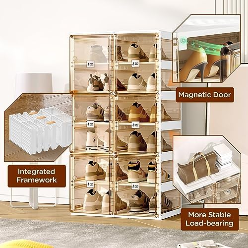 ANTBOX Foldable Shoe Rack,Shoe Organizers for Closet Plastic Shoe Storage Box for Entryway,Living Room,Large Sturdy Stackable Sneaker Cabinet Bins with Magnetic Clear Door 8 Tiers 16 Pairs - Image 6