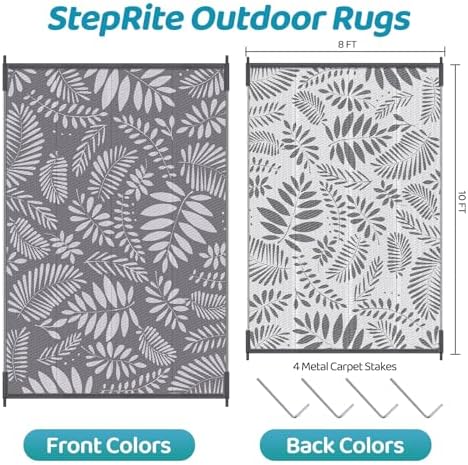 StepRite Outdoor Rug, Patio Rug, Plastic Straw Camping Rugs, Large Waterproof Area Rug and Mat for Outdoors, RV, Patio, Backyard, Deck, Porch, Beach, Balcony, (8'x 10', White&Gray) - Image 2