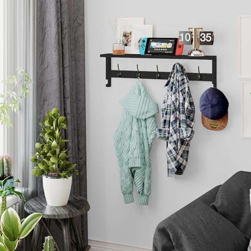 AMBIRD Coat Rack Wall Mount with Shelf, 28.9 Inches Coat Hooks Wall Mounted with 5 Hooks, Hat Wall Hooks for Hanging in Entryway, Living Room, Bathroom, Bedroom (Black, 28.9 * 4.5 inches) - Image 2