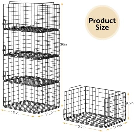 4-Tier Stackable Closet Organizers and Storage Basket - Foldable Closet Shelf Organizer System, Sturdy Metal Space-Saving Clothes Storage Bins for Wardrobe, Black - Image 6