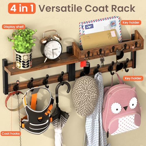 35'' Long Rustic Coat Rack Wall Mount with Shelf, Solid Wood Coat and Key Hanger with 13 Metal Hooks, Farmhouse Wall Organizer for Mail, Entryway Wall Hangers for Hats, Clothes, Backpacks, Mudroom - Image 5