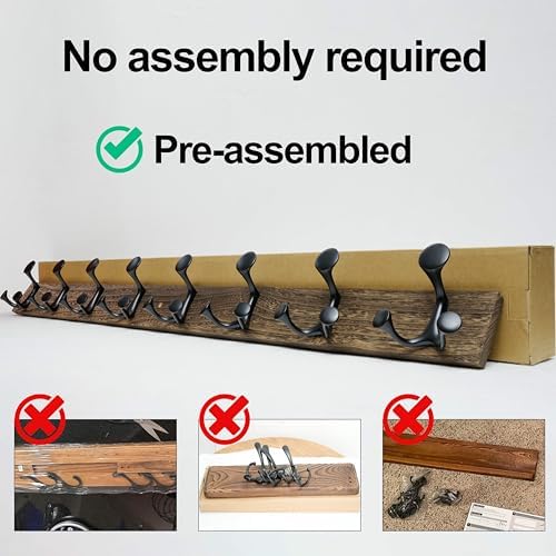 WEBI Coat Rack Wall Mount,17" Solid Wood Coat Hooks Wall Mounted Coat Hanger,16" Hole to Hole,Heavy Duty Hook Rack Rail,3 Triple Hooks for Hanging Coats,Jacket,Clothes,Hat,Weathered Brown,2 Packs - Image 6