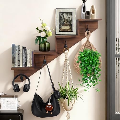 Hookmous Coat Rack Wall Mount with Shelf, Brown Wall Shelf with Hooks, Sturdy​​ Wooden Rise Staircase Shelves, Space-Saving Decorative Organizer for Entryway, Mudroom, Hallway, Living Room, Bedroom - Image 5