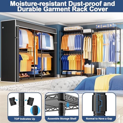 Ulif E12C Pro Heavy Duty Closet Organizer System，Freestanding Clothing Rack, Adjustable Garment Rack 71" W x 16" D x 76.5" H Holds 960 lbs, Black Rack with Black Dustproof Cover - Image 4