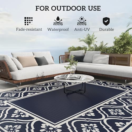 Outsunny Outdoor Rug for Patio Waterproof 9' x 10' Blue & White Gourd - Image 6