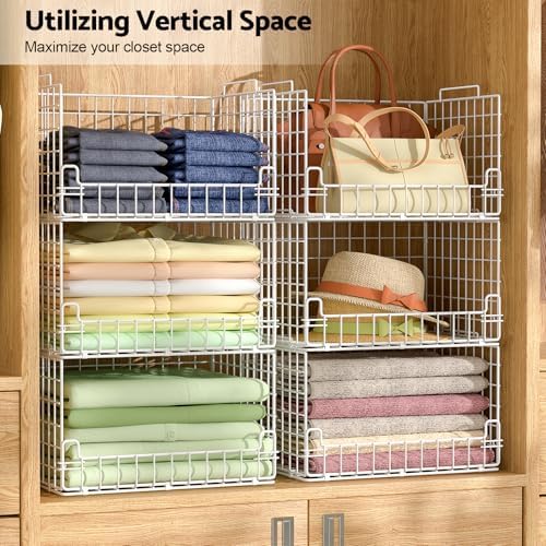 6-Tier Stackable Closet Organizers and Storage Basket - Foldable Closet Shelf Organizer System, Sturdy Metal Space-Saving Clothes Storage Bins for Wardrobe, White - Image 2
