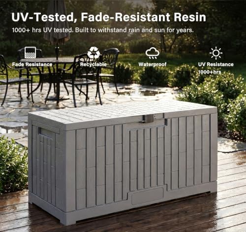 LAUSAINT HOME 100 Gallon Resin Deck Box, Package Delivery Box with Lockable Lid, Waterproof Outdoor Storage Box For Garden Tools, Patio Cushions(100 Gallon,Grey) - Image 6