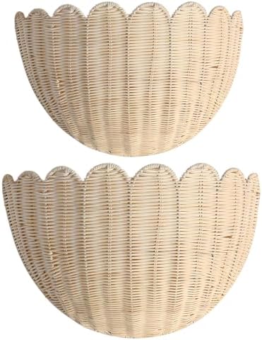 Scalloped Hanging Wicker Baskets for Wall, Scalloped Home Decor, Hanging Woven Rattan Wall Basket for Flowers Front Door Bathroom Storage (Rattan-Set of 2) by Unknown