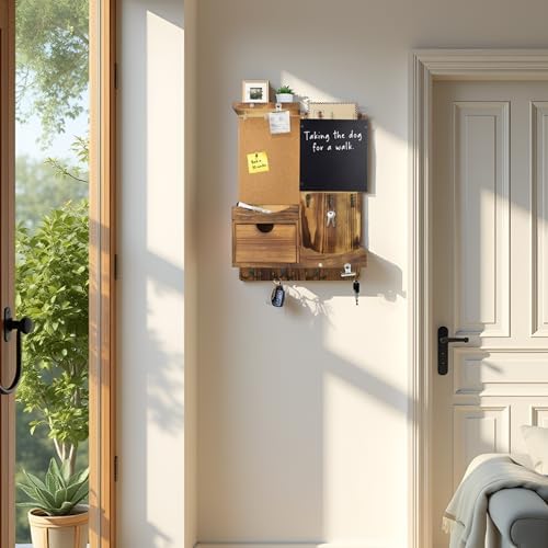 Key Holder Wall Mount with Drawer and Mail Organizer, Natural Wood - Image 4