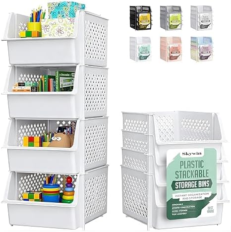 Skywin Stackable Storage Bins Open Front for Pantry Storage, 4 Pack - White by Skywin
