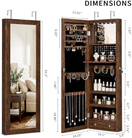 6 LEDs Mirror Jewelry Cabinet, Over the Door Jewelry Organizer with Full Length Mirror, Wall Mounted or Door Hanging Jewelry Box with Storage - Image 4