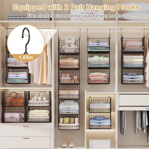 6 Tier Closet Hanging Organizer, Clothes Hanging Shelves with 4 Hanging Hooks 5 S Hooks, Wire Storage Basket Bins, for Clothing Sweaters Shoes Handbags Clutches Accessories Patent Design-Black - Image 6