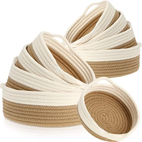 10 Pieces Woven Cotton Rope Basket Shelf Closet Organizer Bins Round Key Bowl for Entryway Table Shallow Montessori Baskets Key Tray for Home Decor Nursery Shelving Storage Organizing, 5 Sizes(Brown) by Sieral