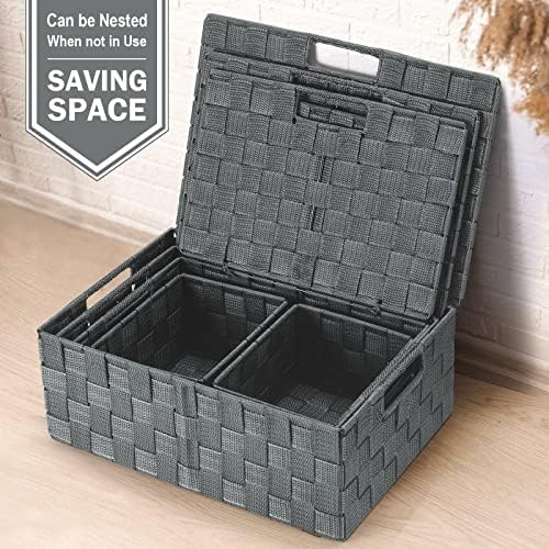 Storage Baskets with Lids: 5 Pack Stackable Woven Storage Bins, Grey - Image 7